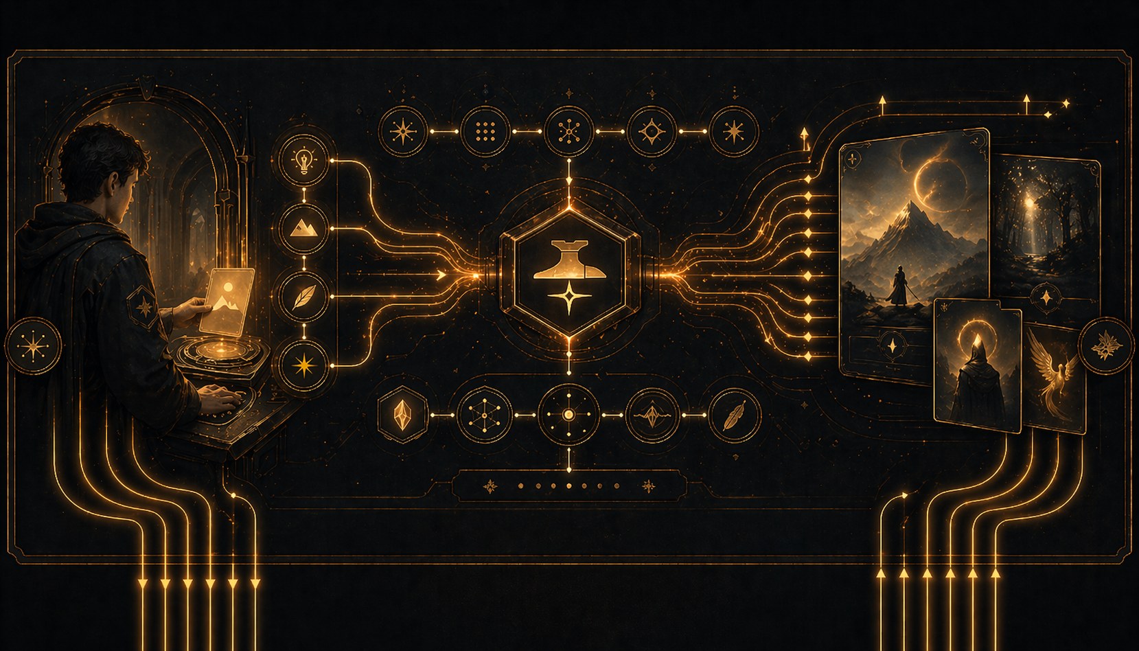 Prompt Forge workflow proof image showing the top half of the approved homepage hero diptych.