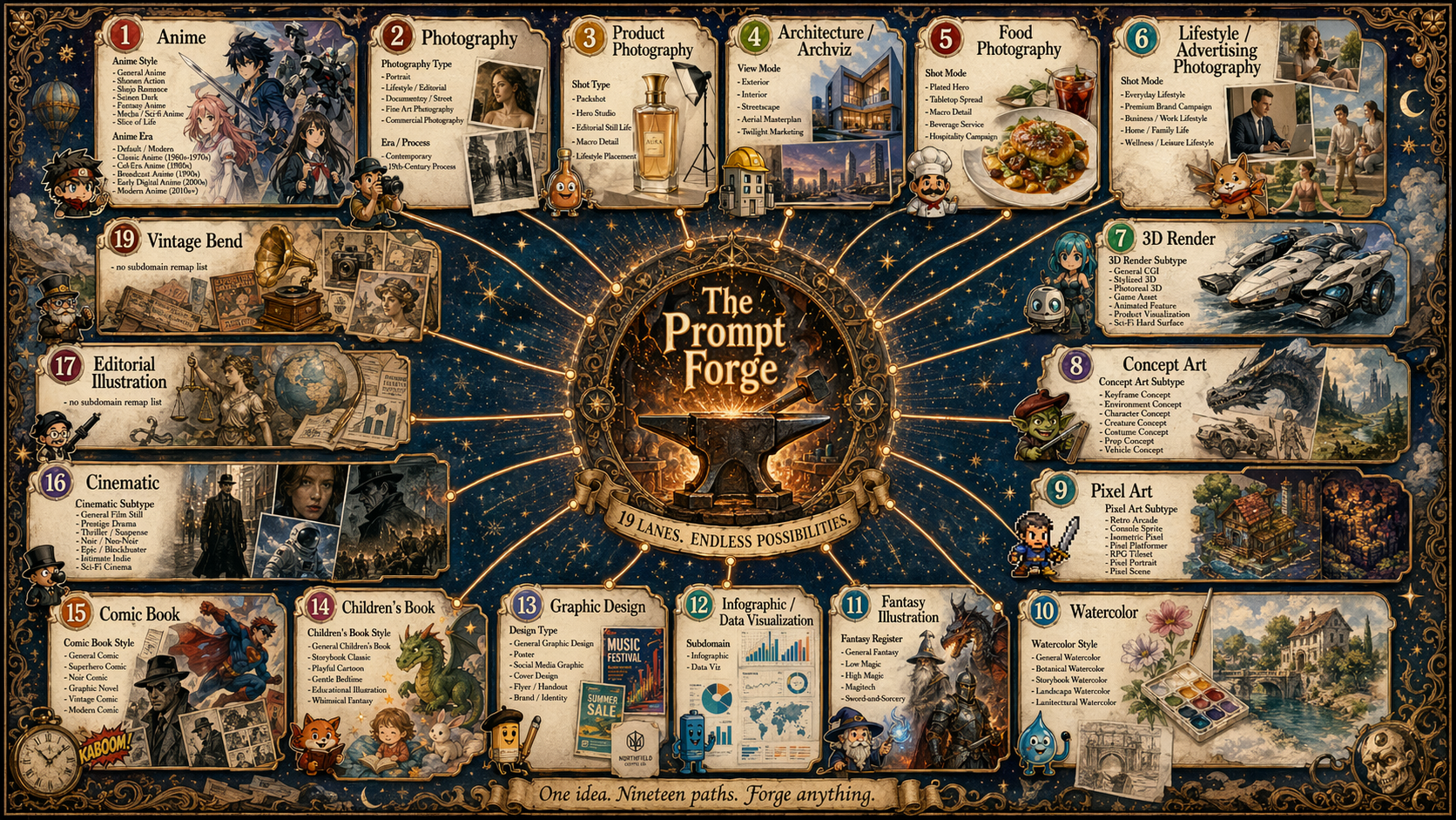 Prompt Forge lane-system proof image showing the controlled breadth of the workstation.