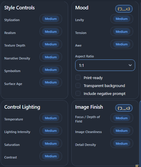 Prompt Forge medium-state controls showing balanced slider settings.